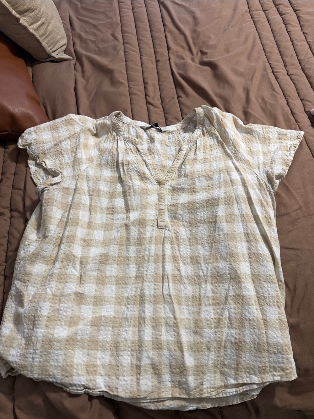 Sonoma Cream and Tan Gingham Short Sleeve Blouse